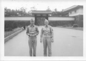Don Feeney and Al Lingle at entrance to Imperial Palace, Japan, June 1953